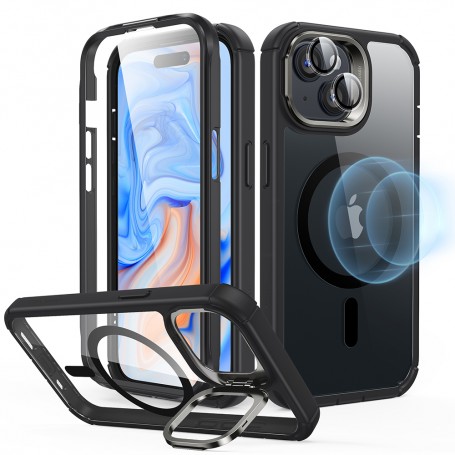 Husa pentru iPhone 15 + Folie - ESR Armor Tough Kickstand HaloLock - Clear Neagra