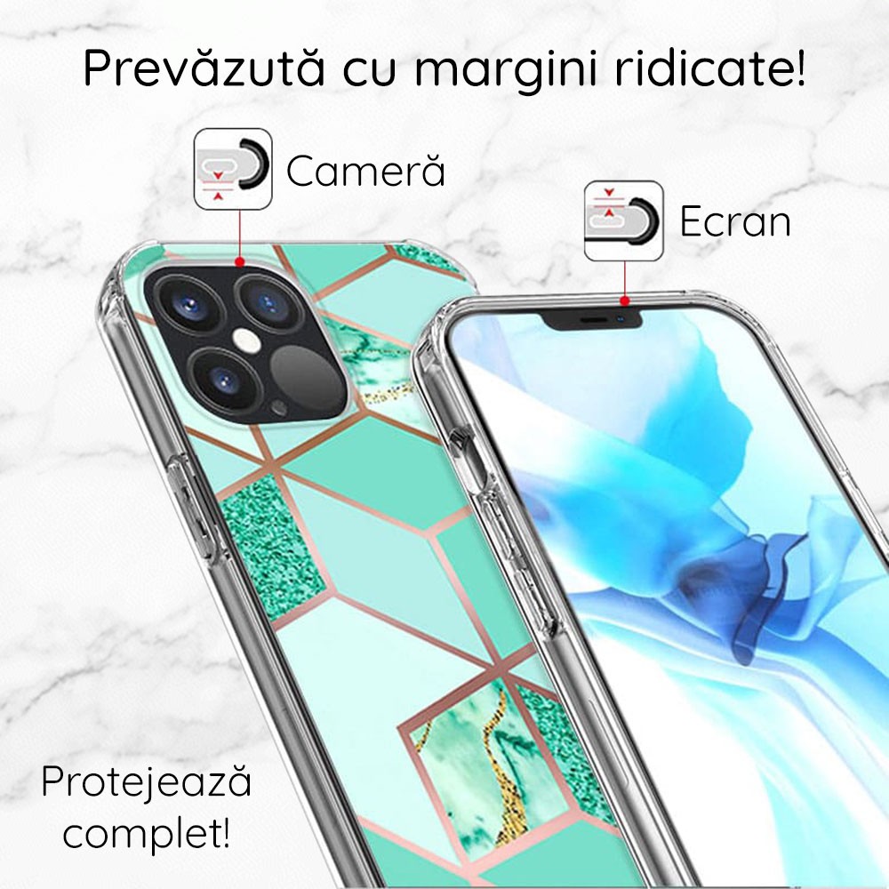 Husa Carcasa Spate pentru iPhone 13 Pro - Marble Design, Hexagoane Verzi - 3
